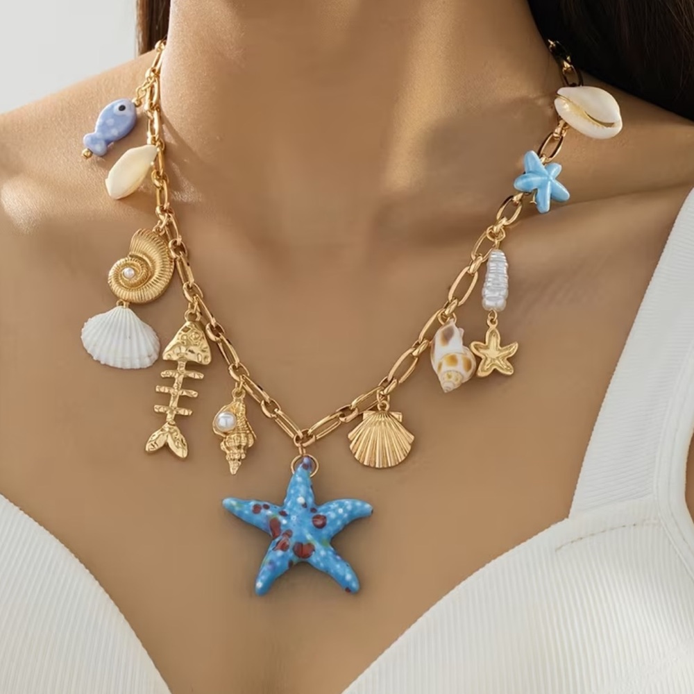 NEW Gold and Blue Nautical Sea Ocean Beach Gold Charm Pendant Necklace